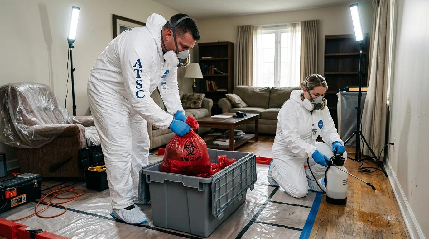 Professional Hazmat Cleanup technician in full PPE working in Youngtown